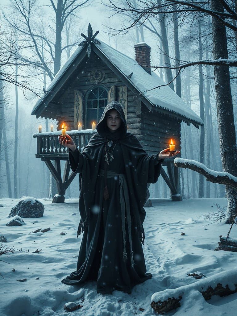 Baba Yaga in Snowy Forest with Magical Hut