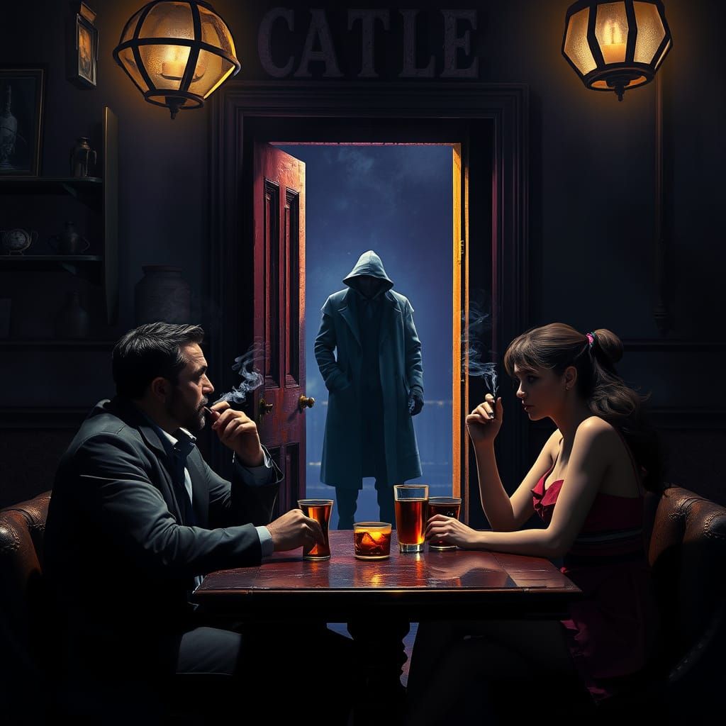 A dimly lit cafe scene features a man and a woman at a table, smoking and sipping drinks. A mysterious figure stands in ...