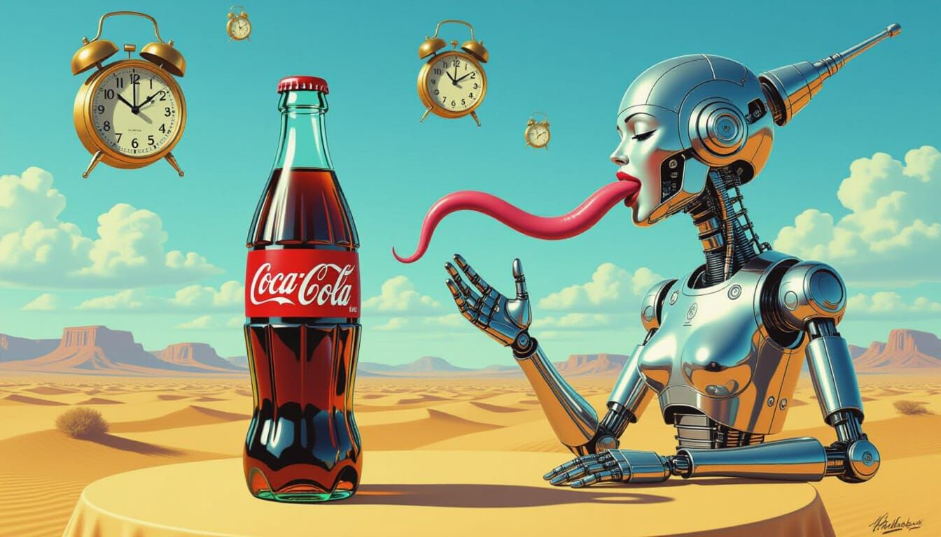 Surreal Desert Scene with Robot and Melting Clocks