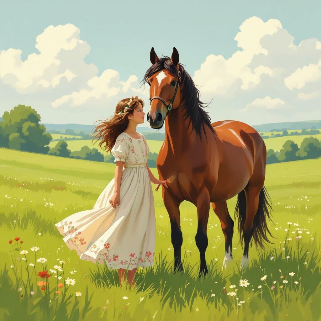 Girl and Horse in Meadow, Whimsical Art Style