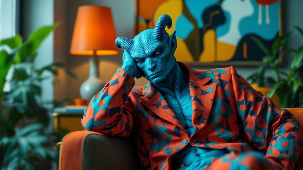 Bored Reptilian Humanoid in Retro Setting