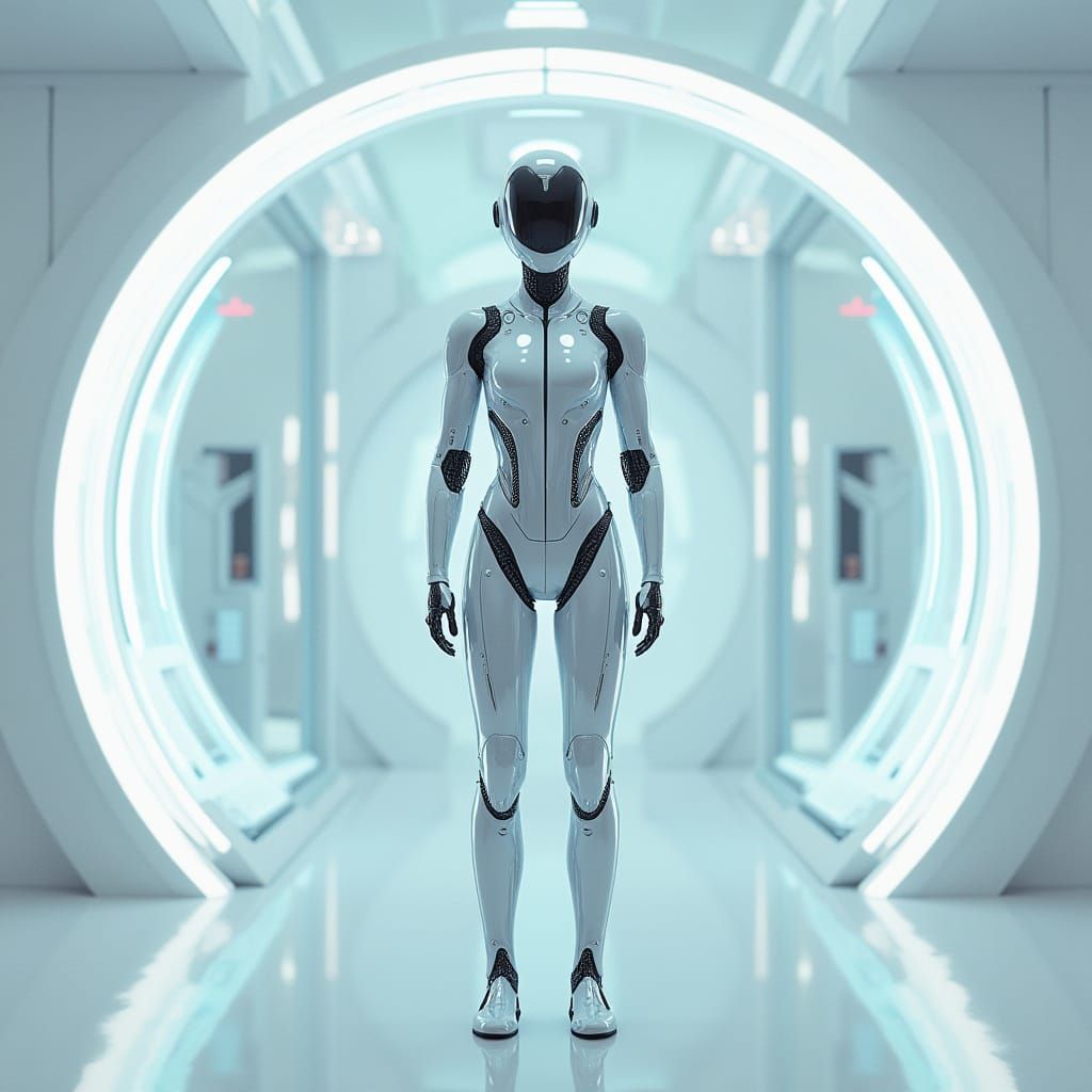 Futuristic AI Assembly in a White Lab, Digital Art
