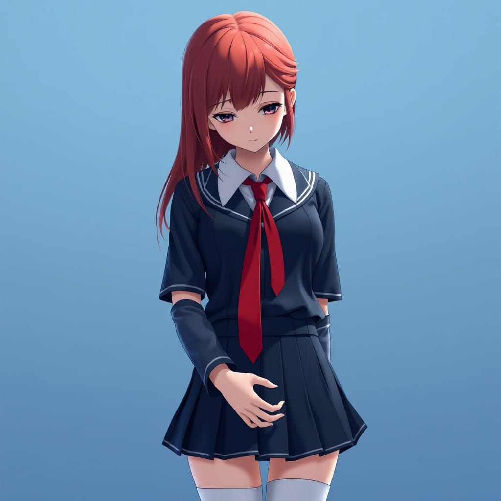 Surreal Japanese School Girl in Elegant Dark Blue Uniform wi...