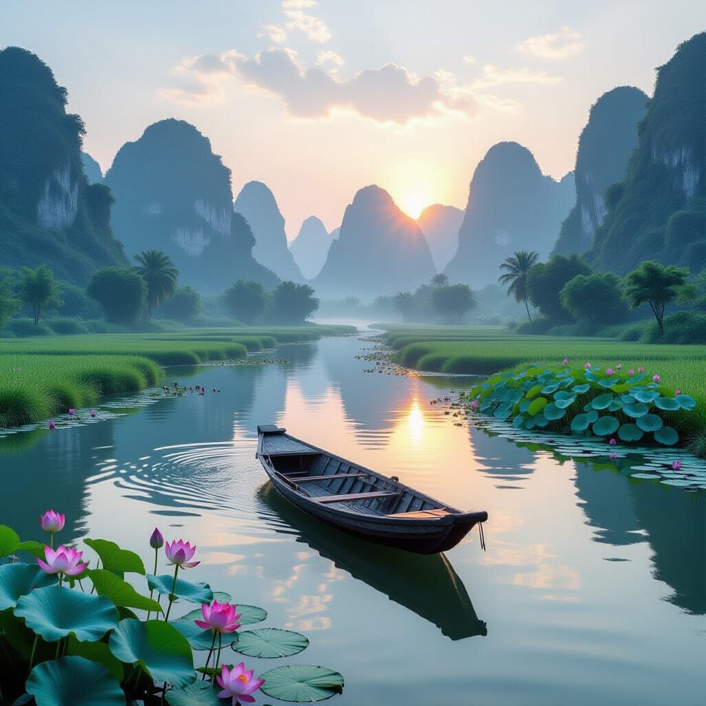 Sunrise on Misty River in Ninh Binh, Vietnam