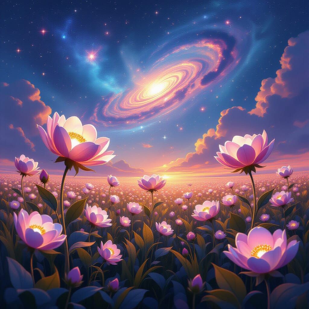 Bioluminescent Flowers Under Cosmic Sky