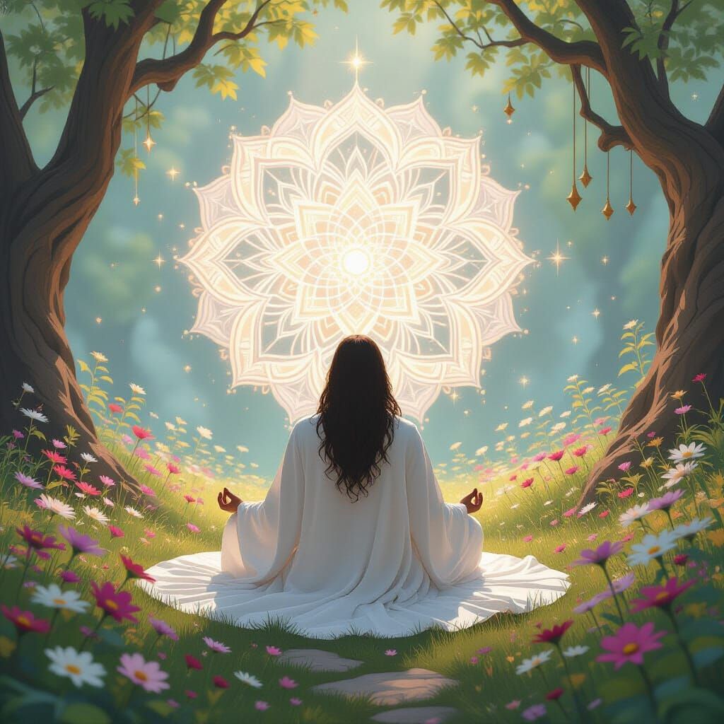 Meditating Figure Amidst Blooming Mandalas