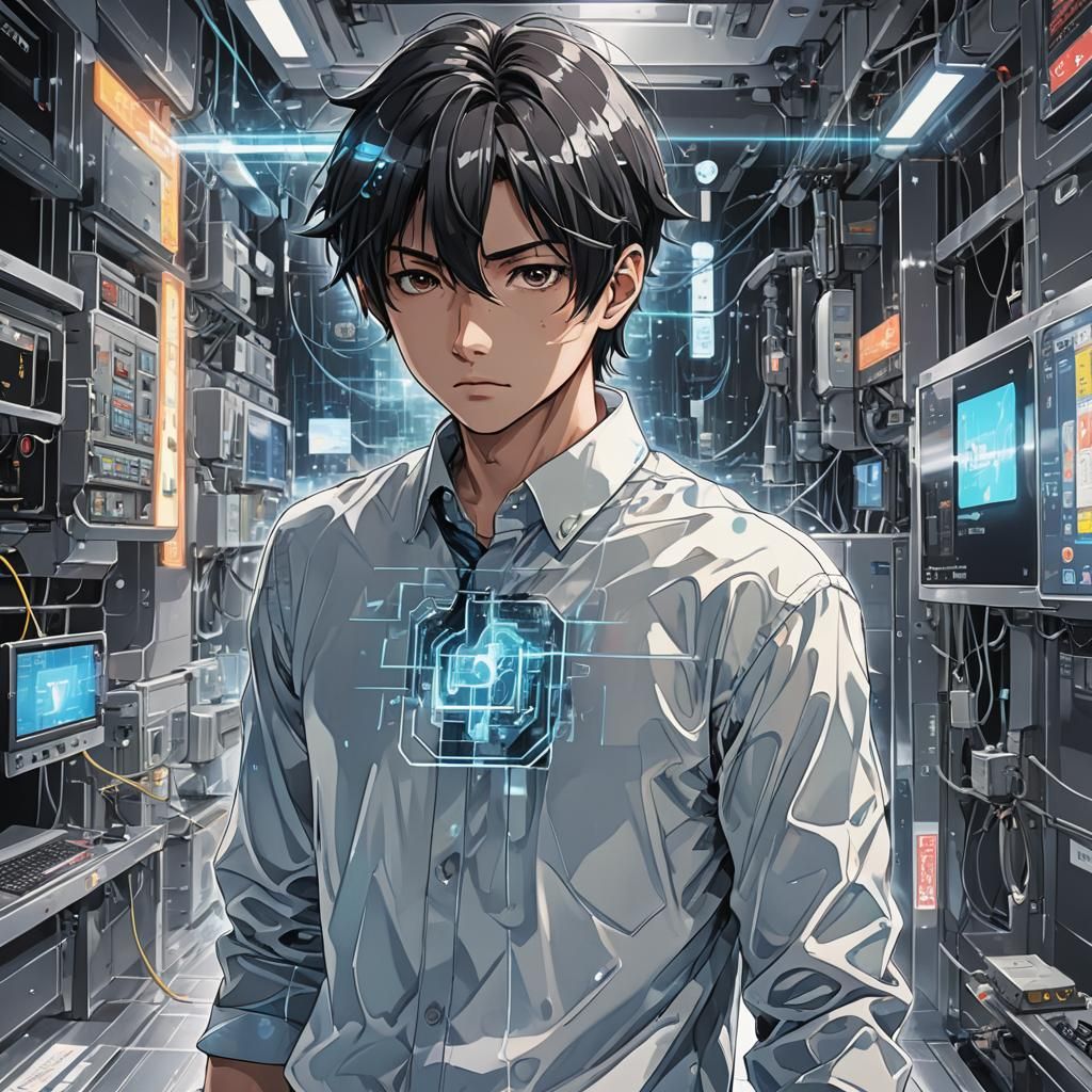 Holographic Man with Glitch Effect in Anime Style