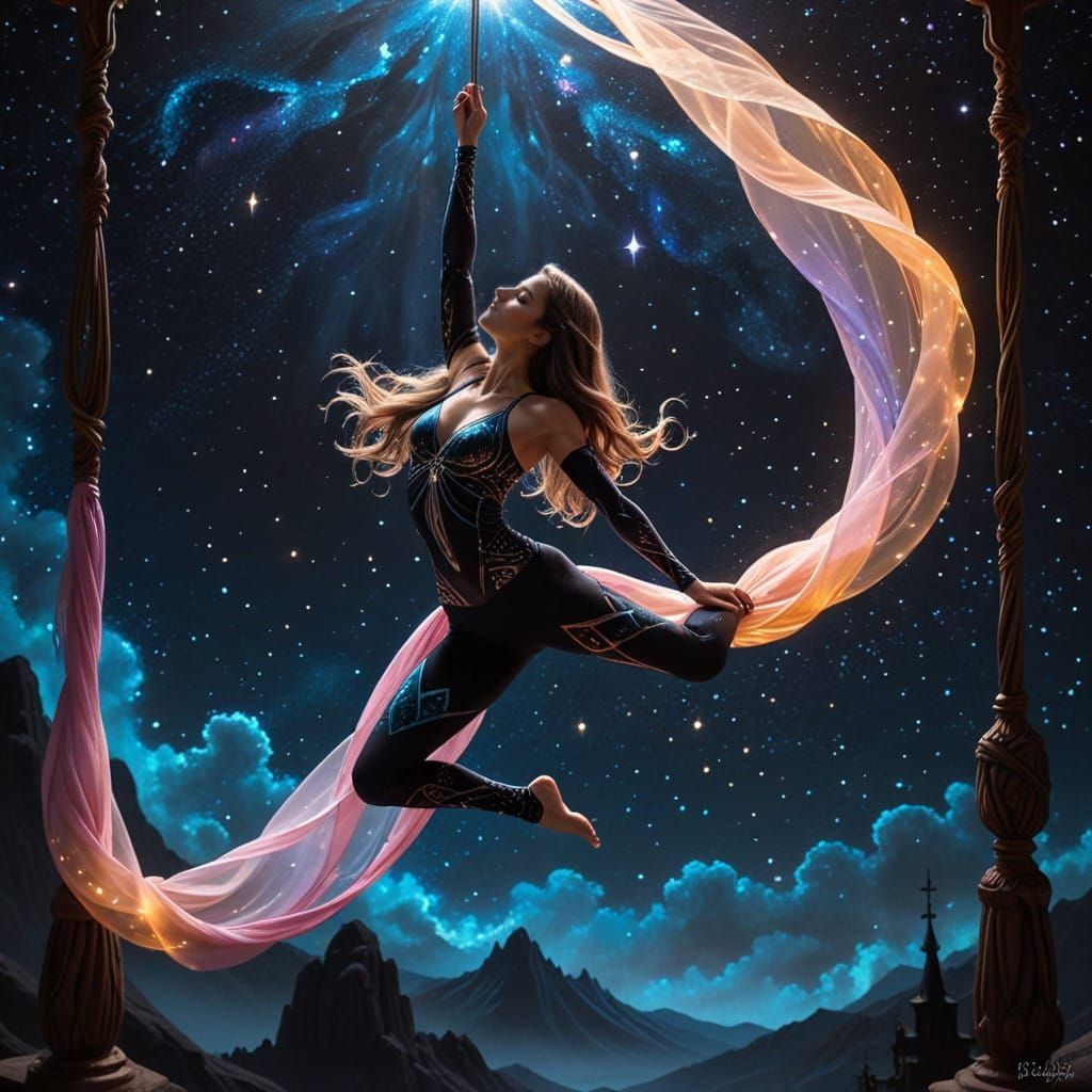 Ethereal Harlequin Acrobat in Midnight Aerial Yoga