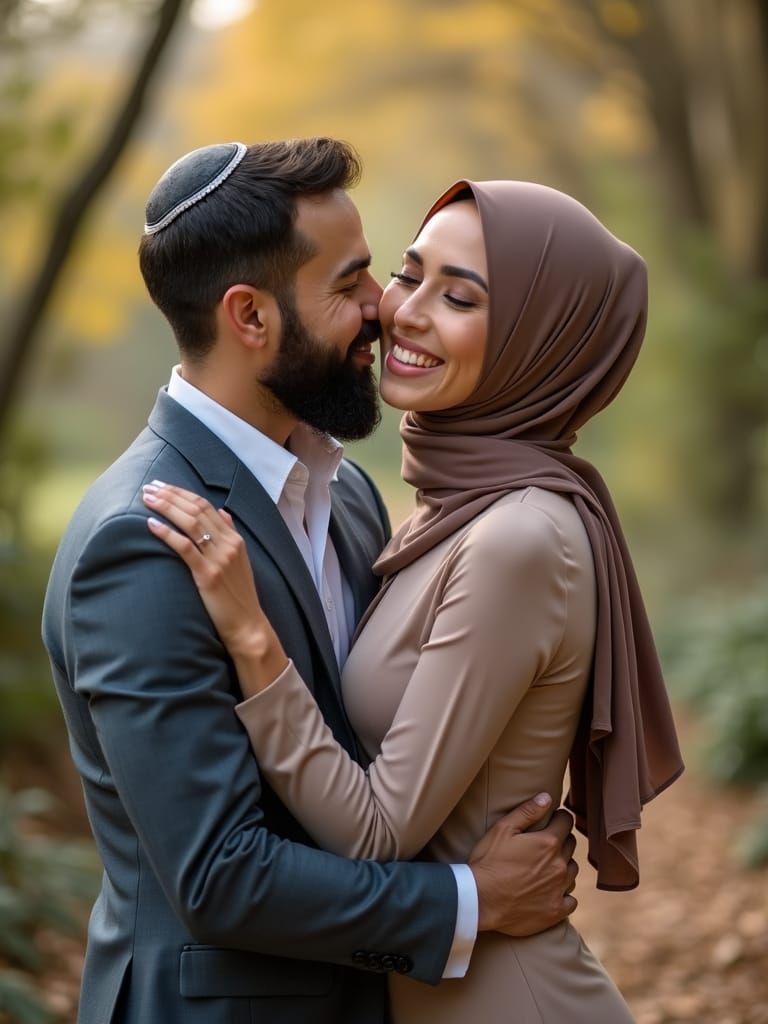 Tender Jewish Man Embracing Woman in Elegant Hijab and Dress