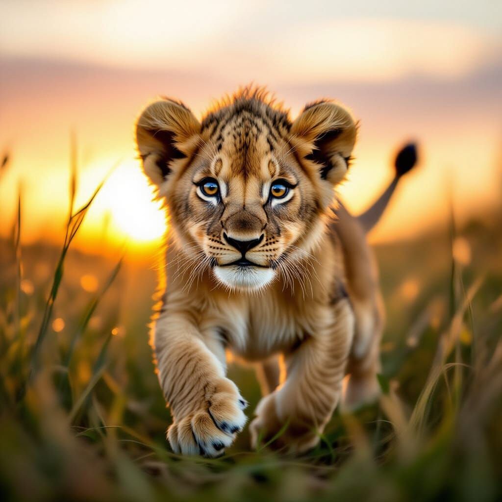 Playful Lion Cub in Golden Savannah Sunset
