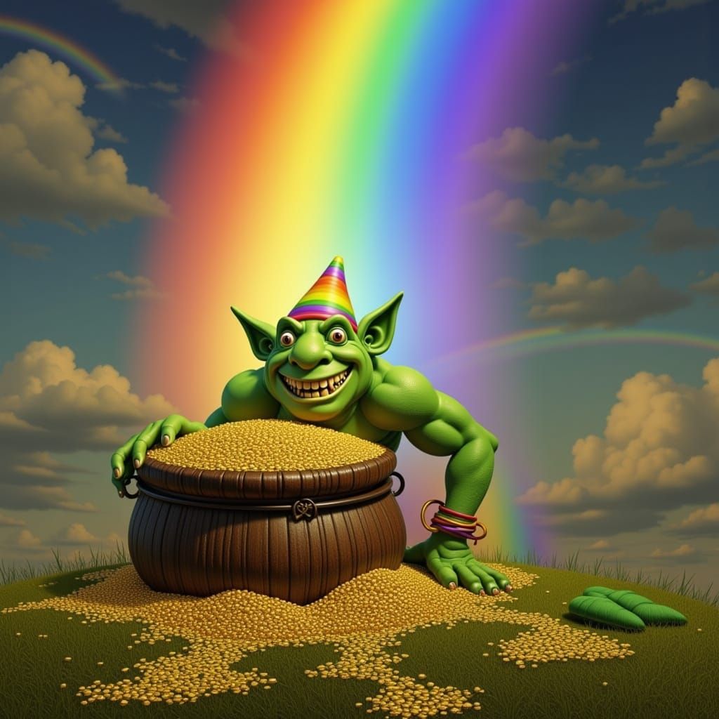 Surreal Rainbows: A Troll Guards the Pot of Gold