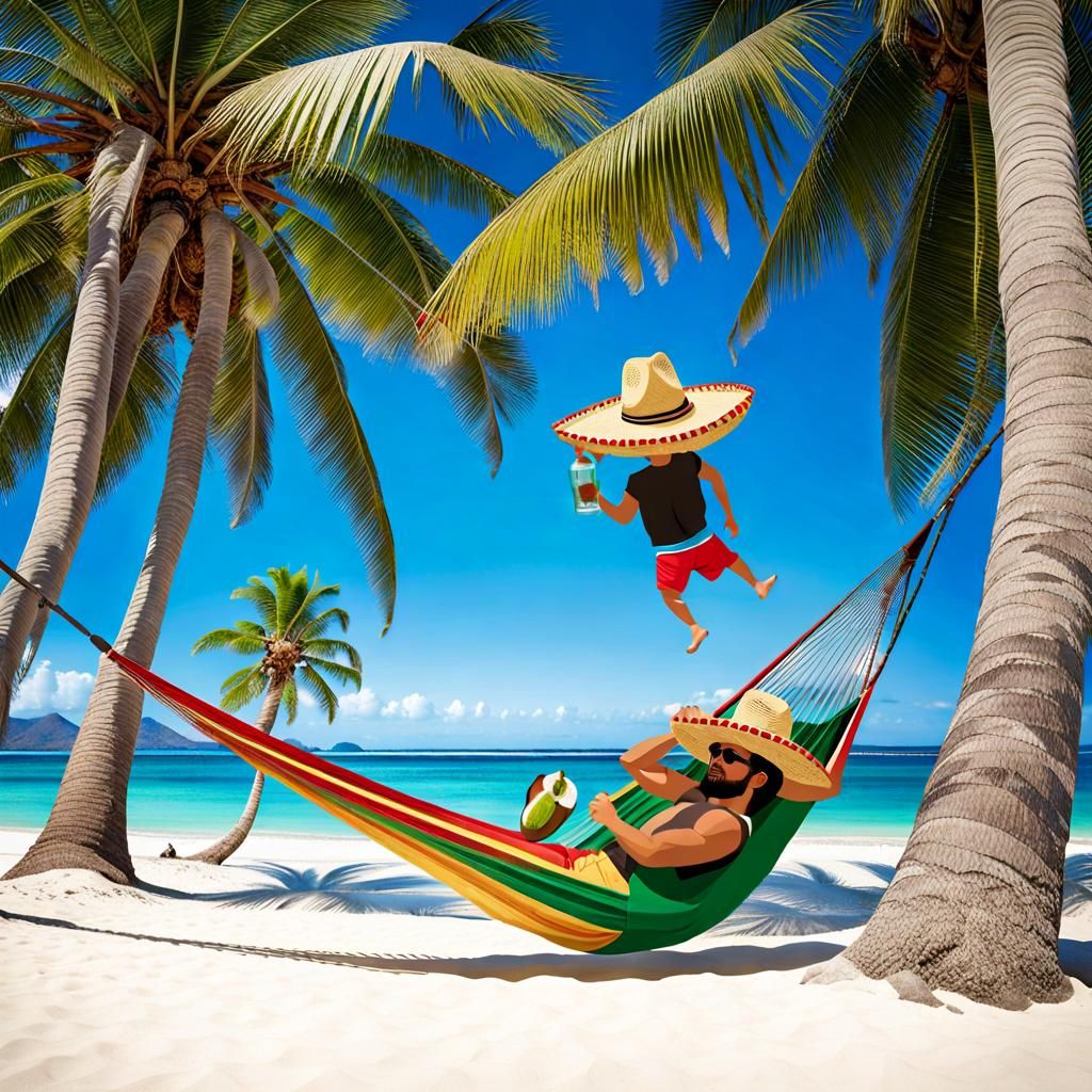 Mexican Man Relaxing with Tequila on Tropical Beach