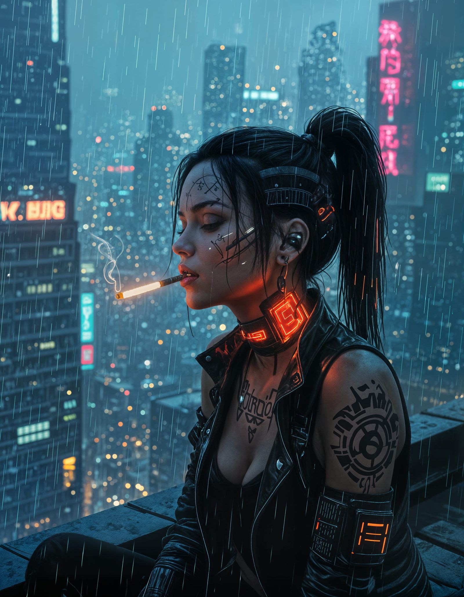 Cyberpunk Girl Smoking in Rainy Cityscape