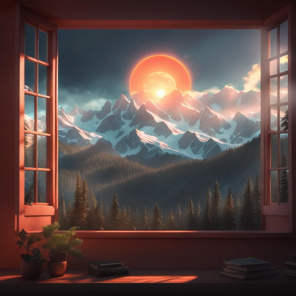 Salmon Sun Cresting Mountain in Astral Style