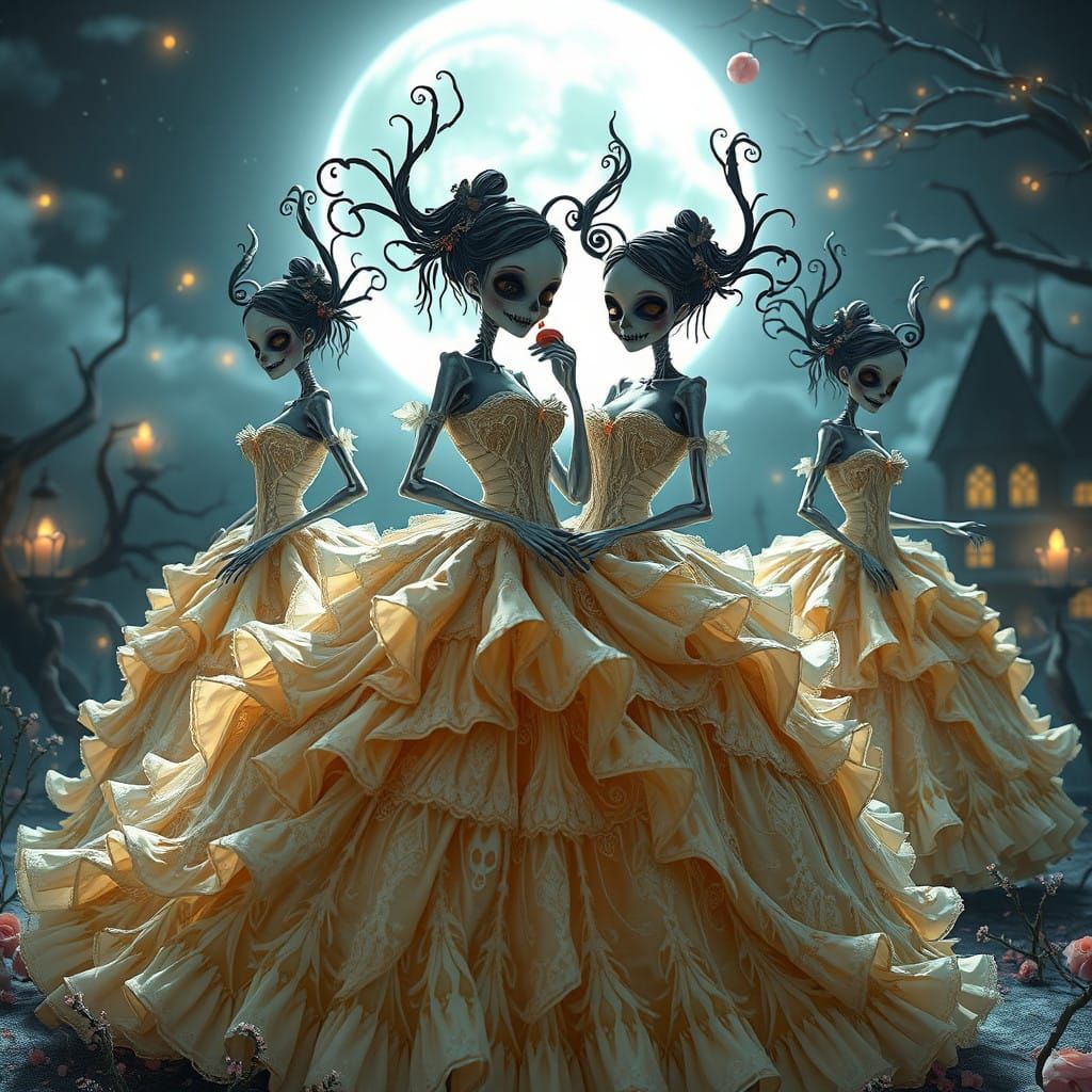 Whimsical Undead Maidens in Elegant, Moonlit Ballgowns