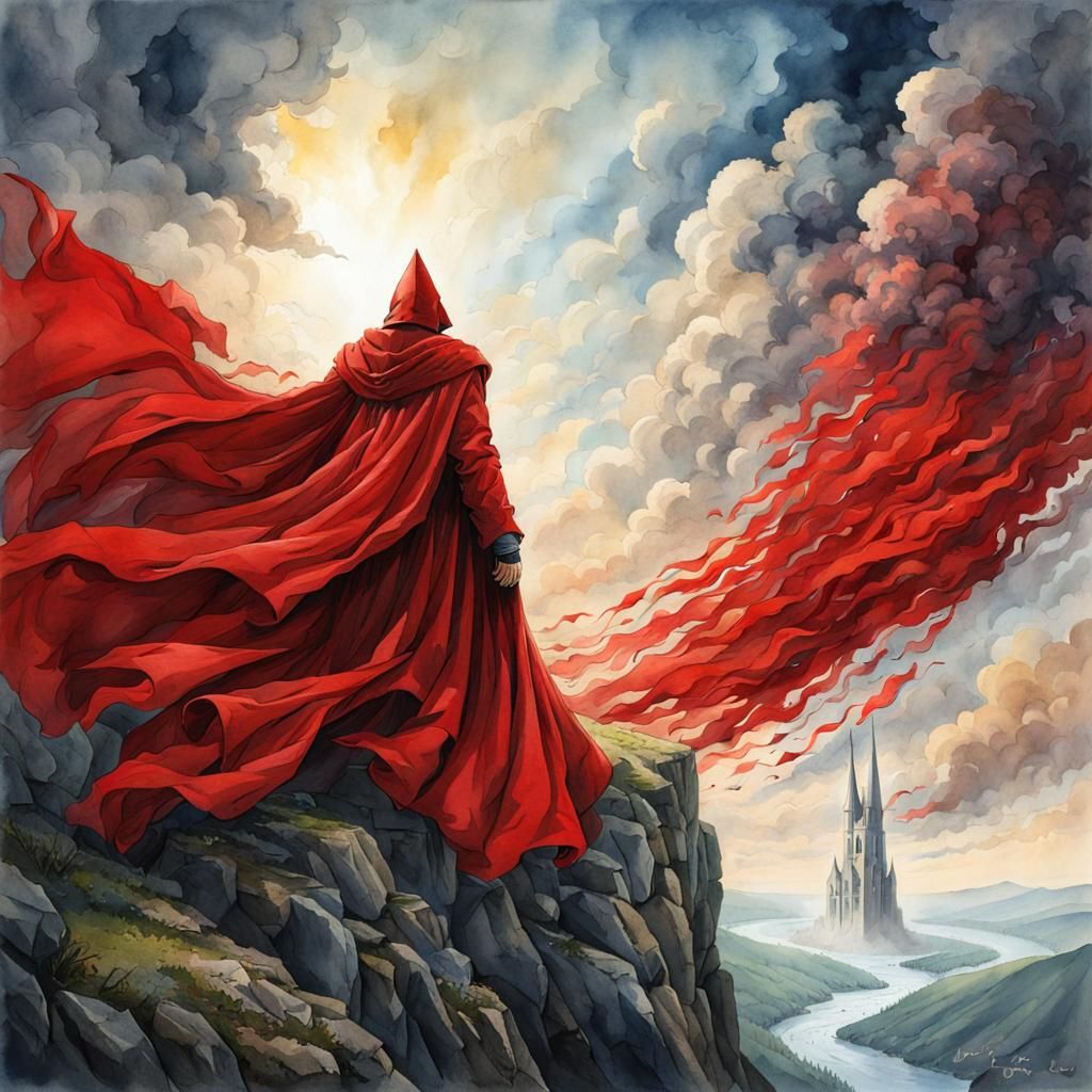 Wizard Pulled Skyward by Floating Red Cloak