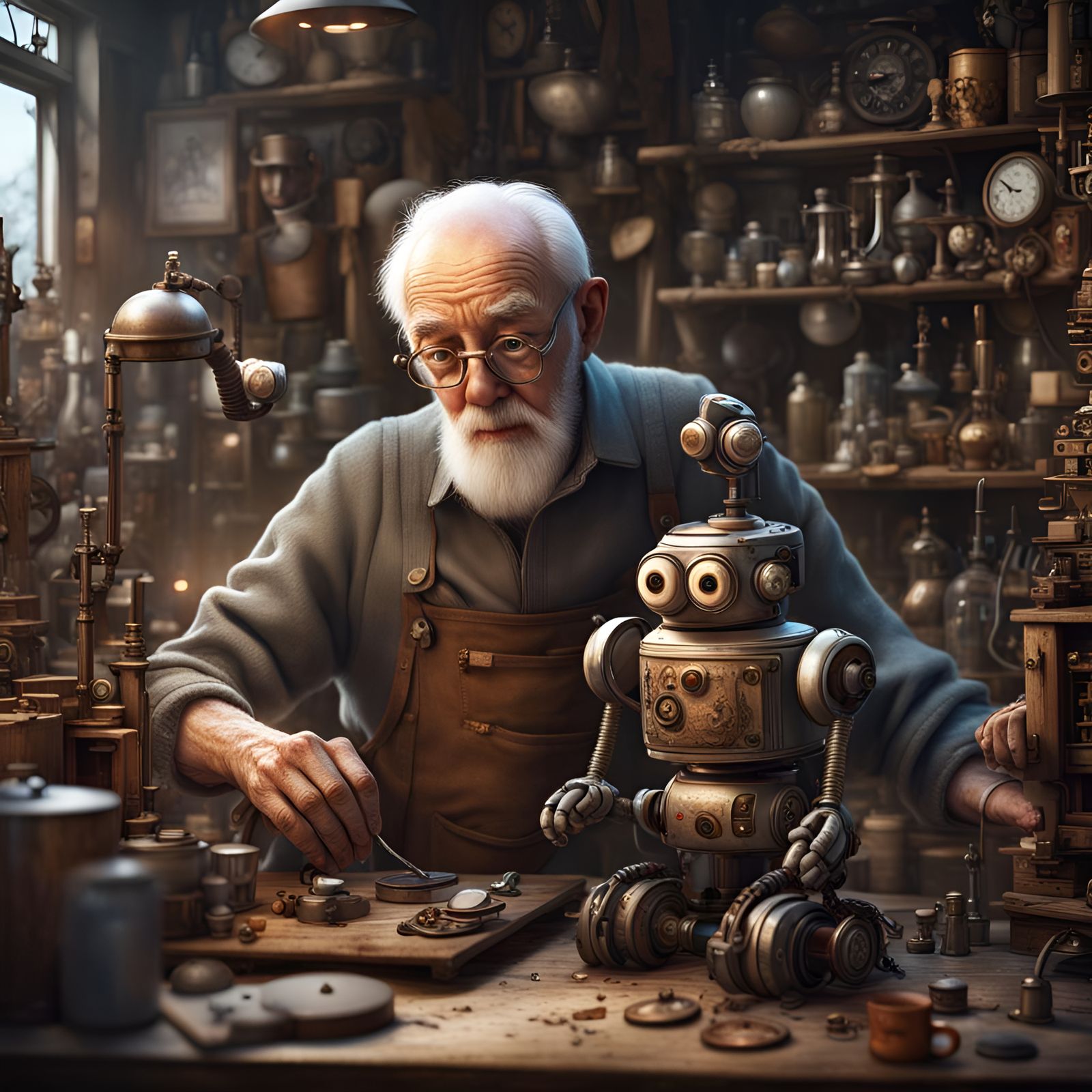 Robot Repair in Antique Shop: Detailed Matte Painting