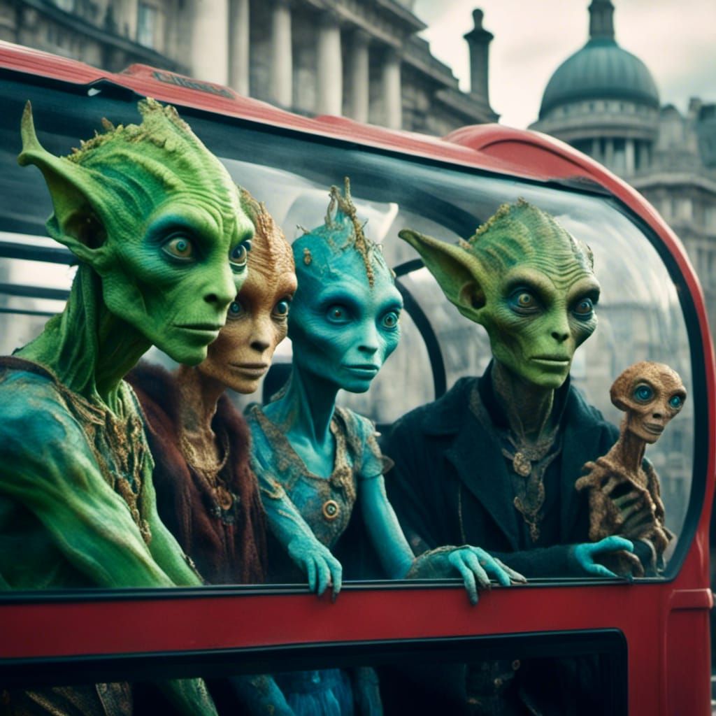 Aliens and Humans on London Bus, Hyperreal Portrait