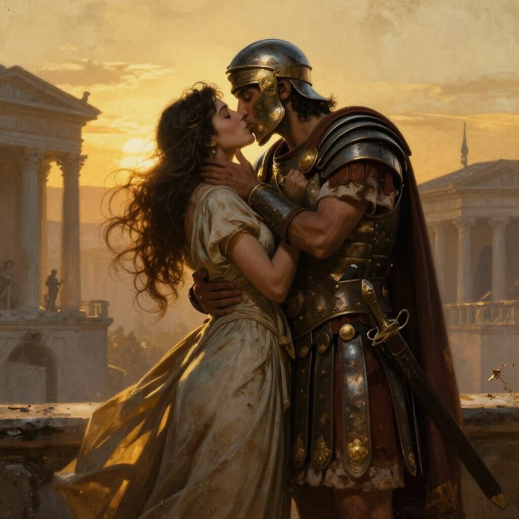 Roman Legionary's Passionate Kiss at Dawn