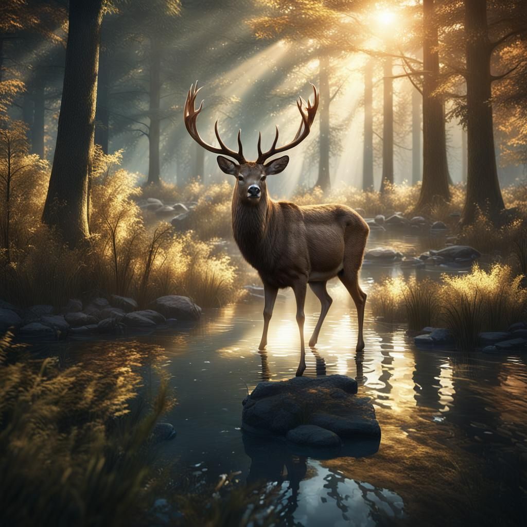 Majestic Deer in Forest, Detailed Matte Painting