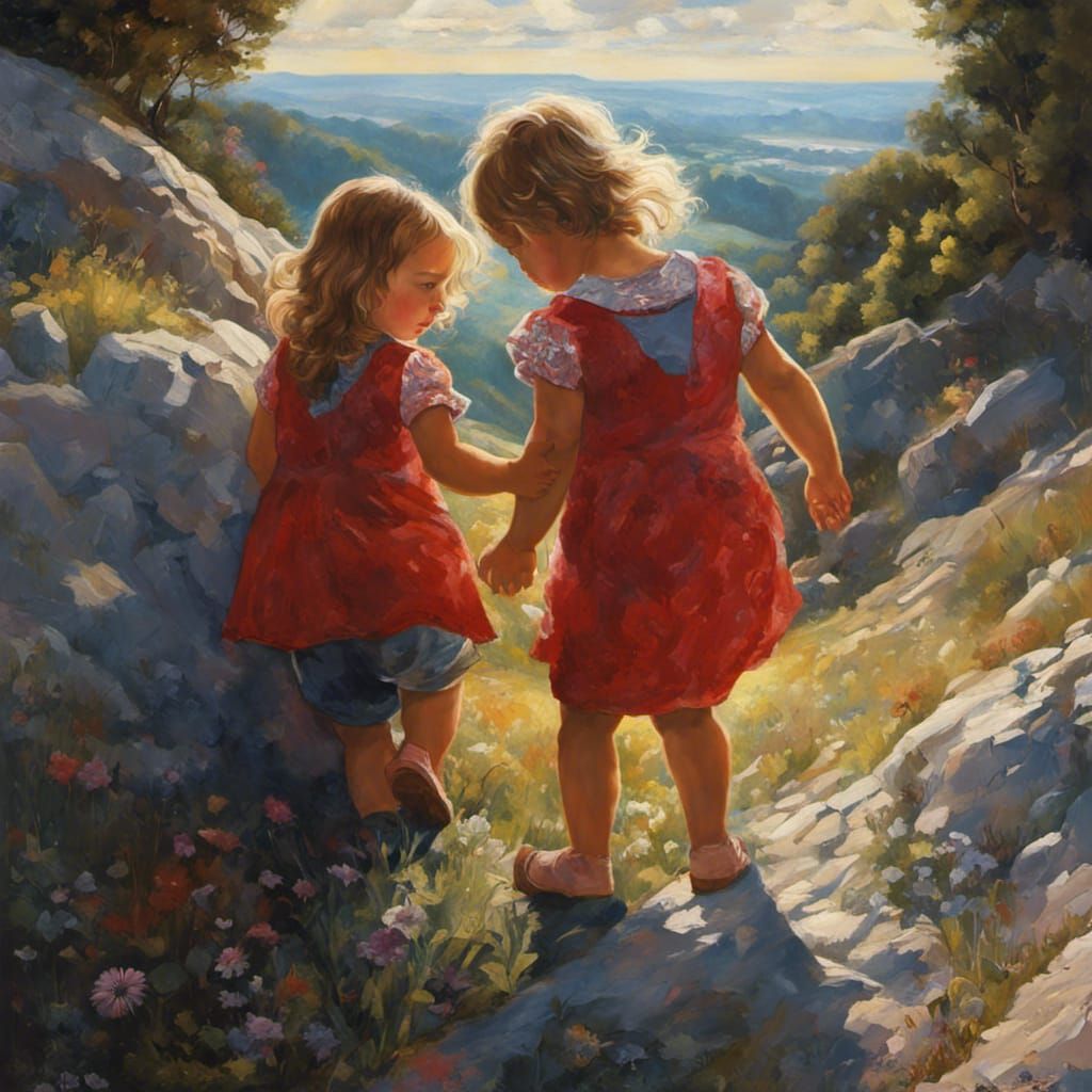 Toddler Siblings Climb Hill: Surreal Photorealistic Art
