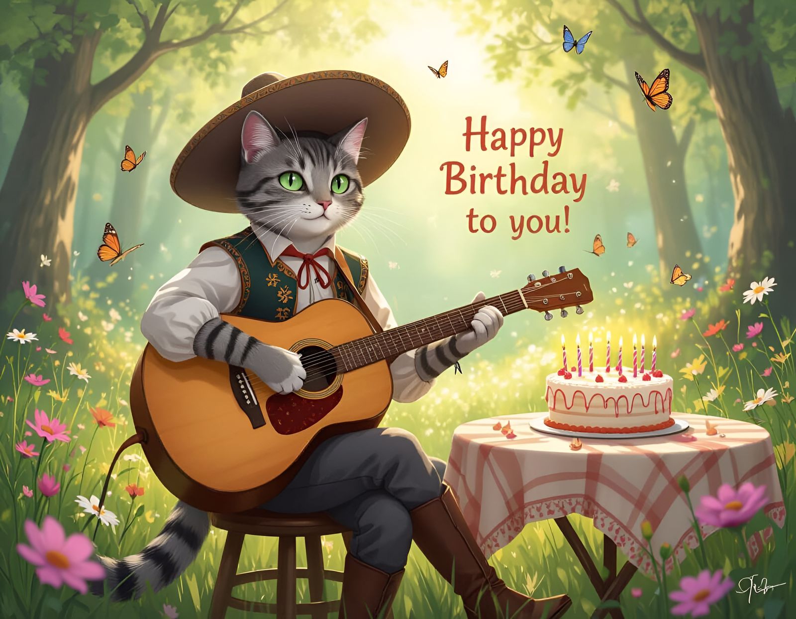 Cat Troubadour Birthday Serenade in Forest Glade