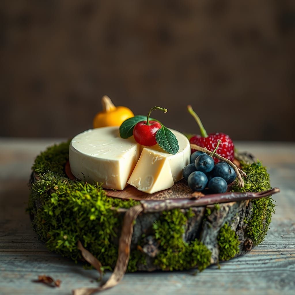 Conceptual Food Photography: Cheese and Fruit On Tree Bark