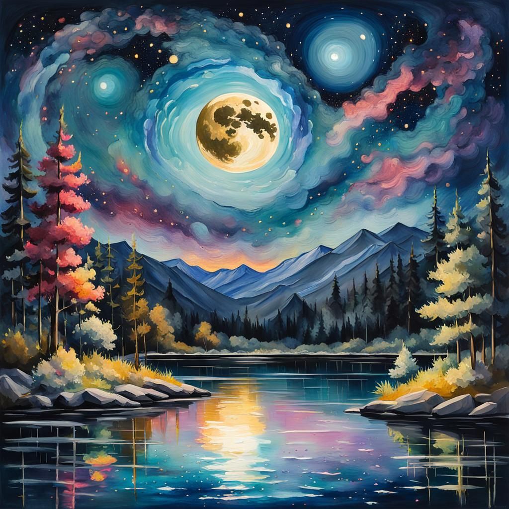 Midnight Lake Under Cosmic Sky as Impasto Gouache