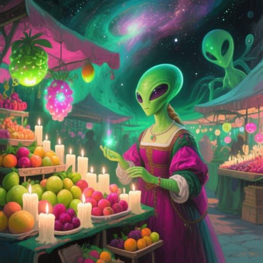 Alien Market with Glowing Fruits, Alien Ink Painting