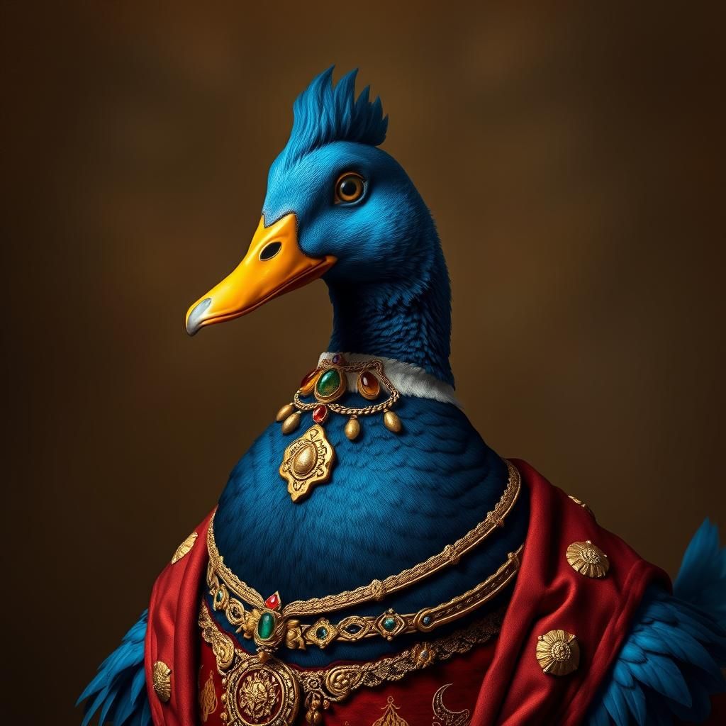 Blue Duck in Rembrandt Style with Golden Accents