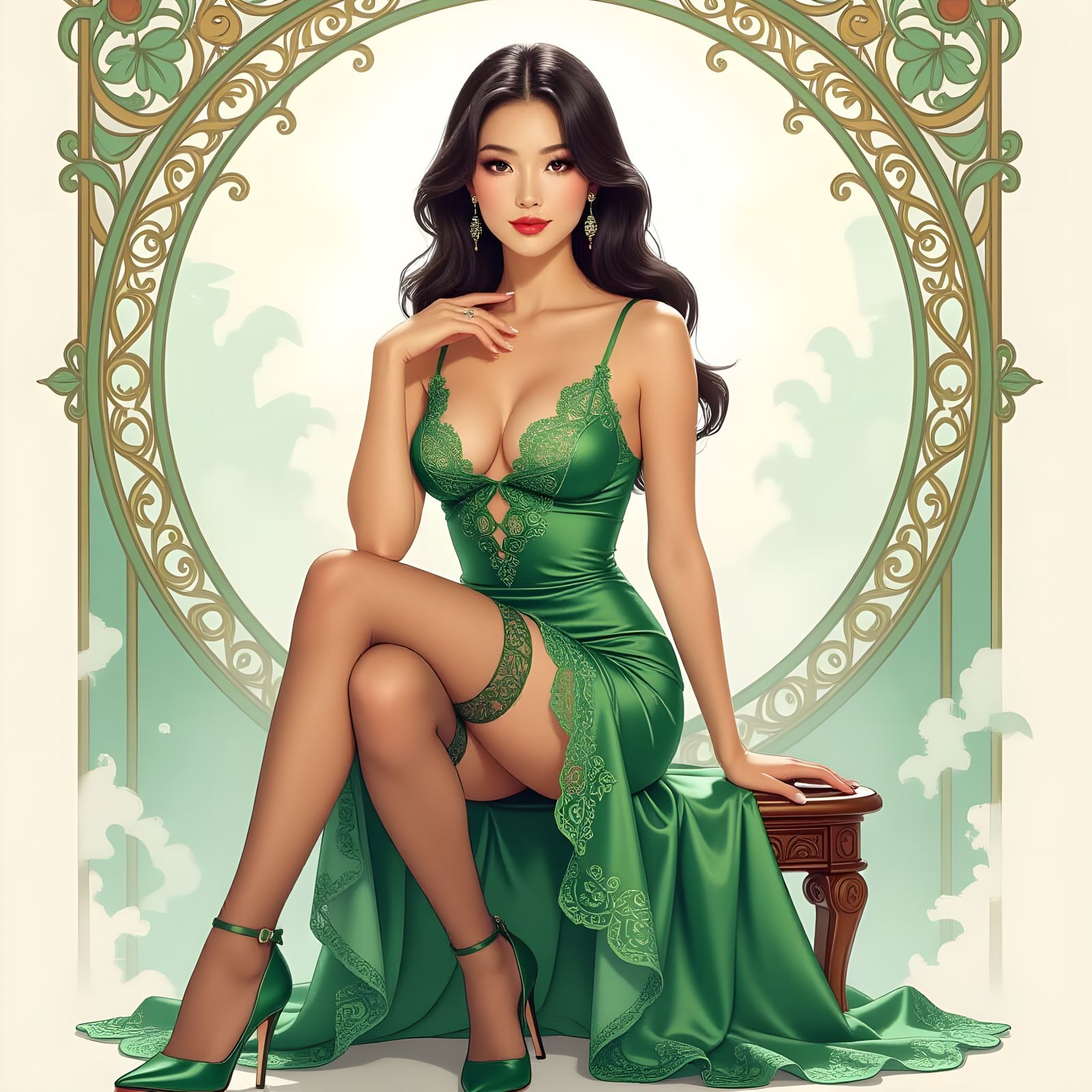 Elegant Woman in Green Lace: Glamour Photography