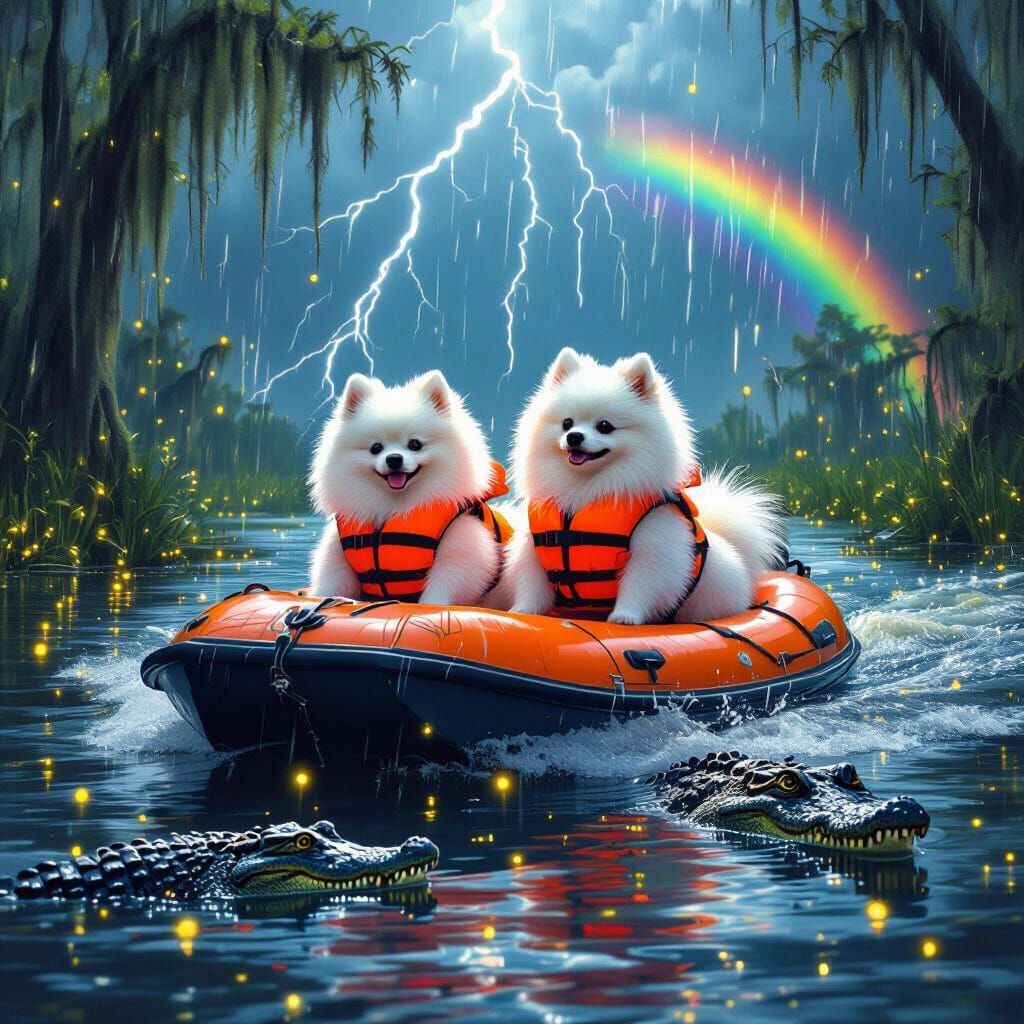 Pomeranians in Life Jackets on Everglades Airboat with Gator...