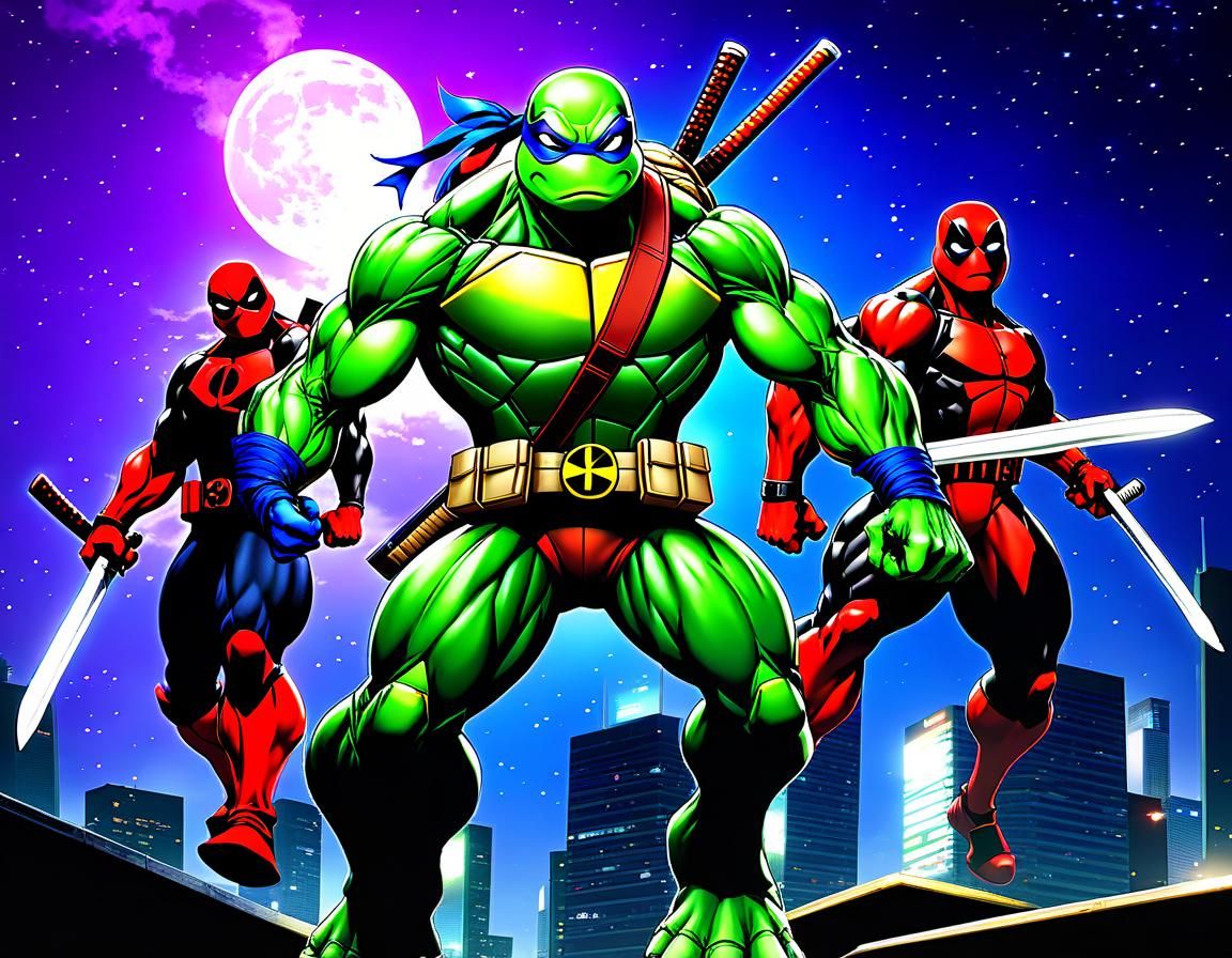 Teenage Mutant Ninja Turtle vs Deadpool in Manga Style