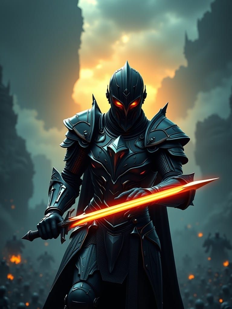 Heroic Knight with Radiant Sword in Golden Light