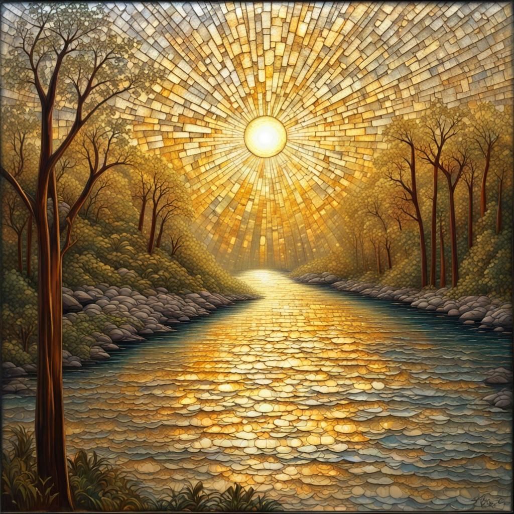 Art Deco River Through Cracked Glass with Sunshine