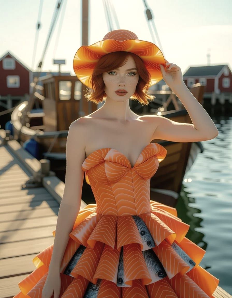Fisher Girl in Salmon Dress at Harbour Dock