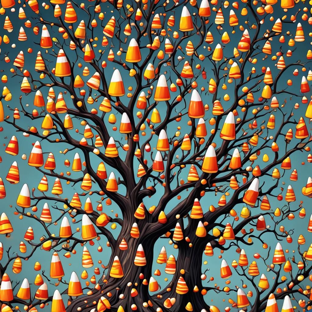 Spooky Candyland Candy-Corn Tree in Candy Art Style