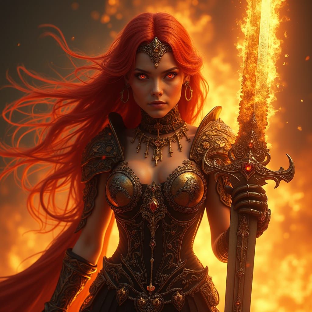 Ethereal Warrior Queen in Inferno, Dark Fantasy Art