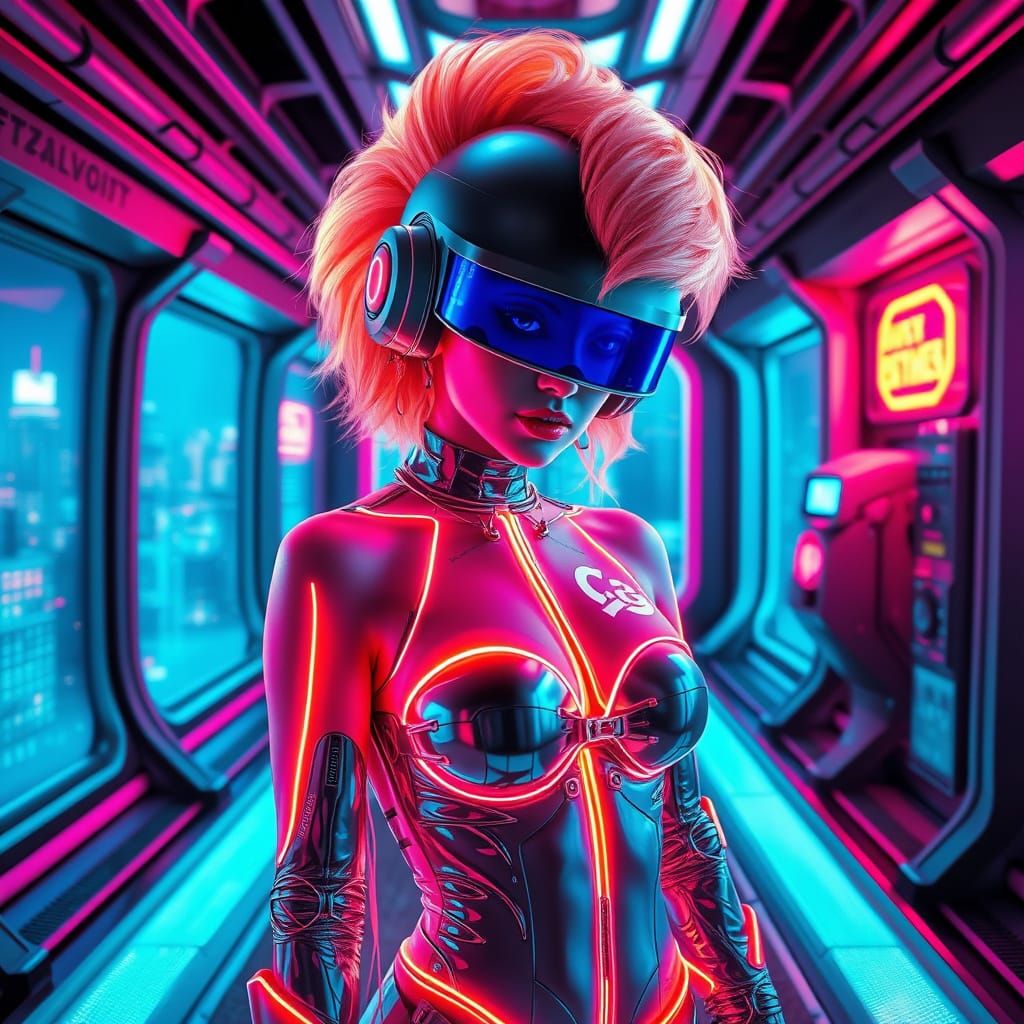 Cyberpunk Goddess in Neon-Lit Safehouse