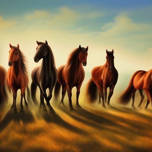 Horses with Jesus on the Plain at Sunset