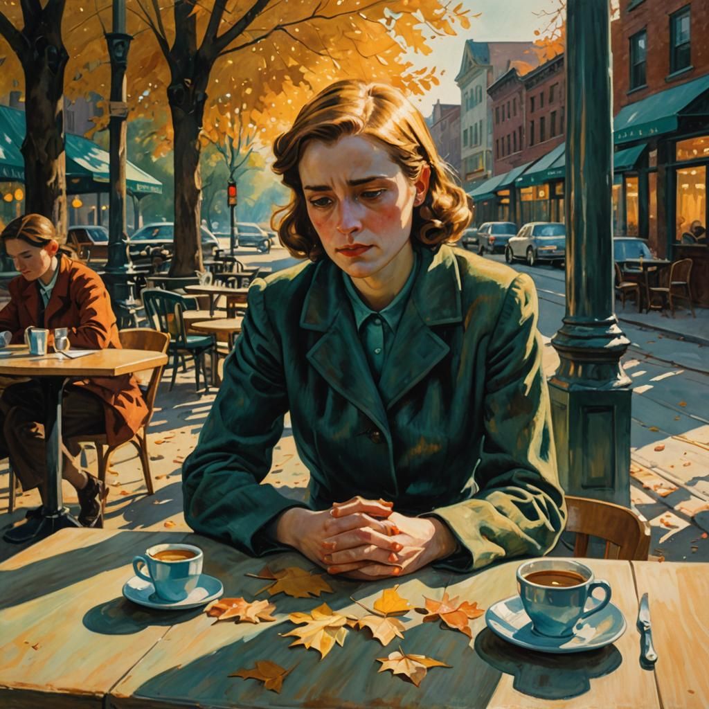 Sad Woman in Autumn Cafe: Hopper-esque Watercolor