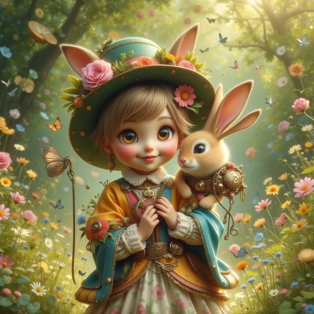 Steampunk Child with Rabbit, Monet Style