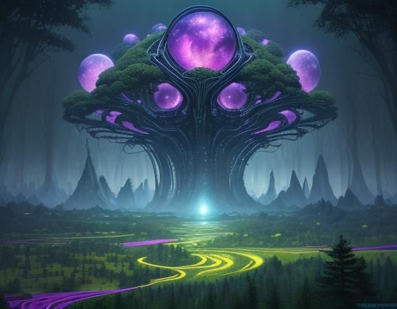 infinity landscape of strange planet with tall trees like bu...