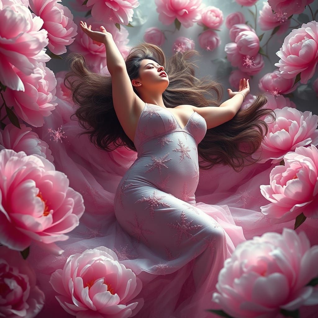 Surreal Plus-Size Goddess Lost in Frosty Peony Wonderland