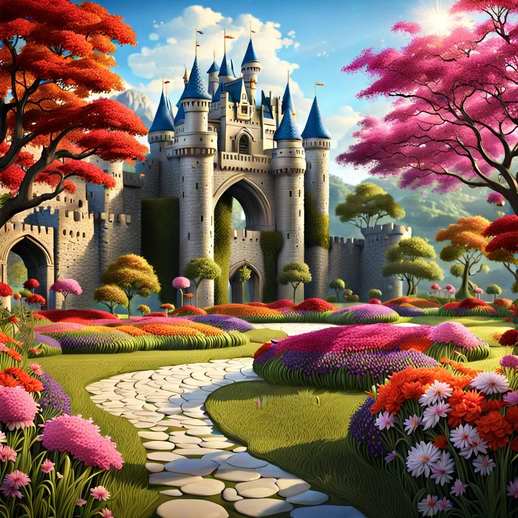 Utopian Castle Garden in Colorful Landscape