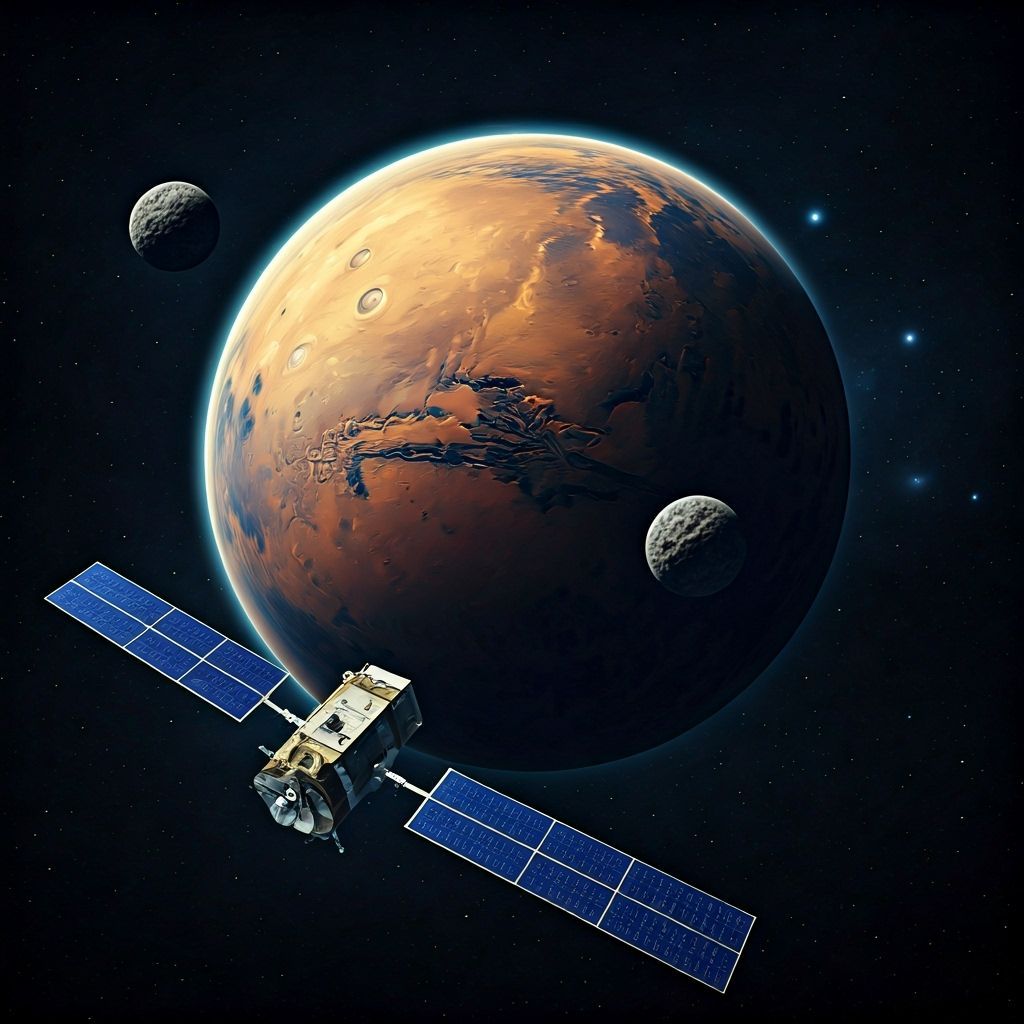 Mars From Space with Probe and Moons