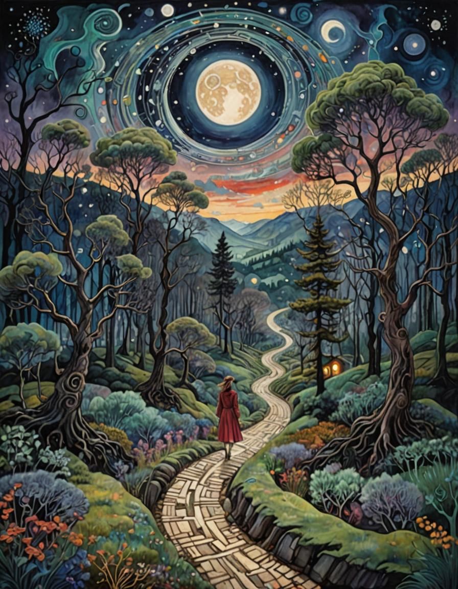 Mystical Forest Path Under Starry Sky