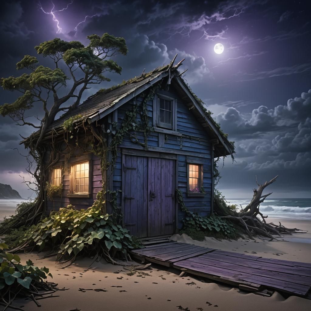 Stormy Night: Abandoned Coastal Shed in Surreal Style
