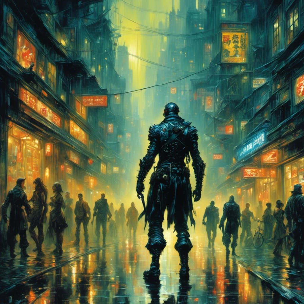 Shadowy Rogue in Cyberpunk Dystopia: Watercolor Art