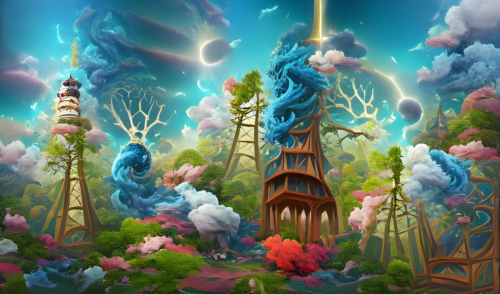 Mystical Woods with Swirling Tower in Ukiyo-e Style